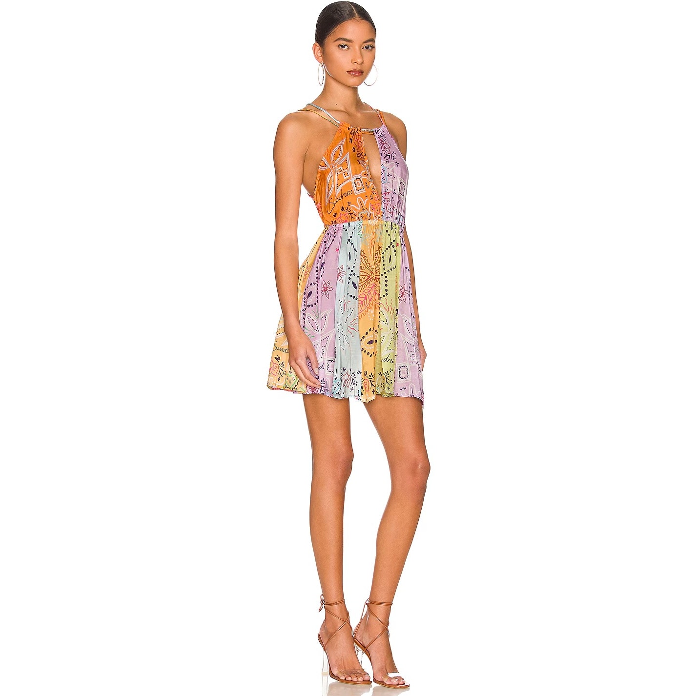Sundress Crystal Halter Mini Dress Xs Saint Tropez Patchwork Open Back Nwt Boho — image 4 of 8
